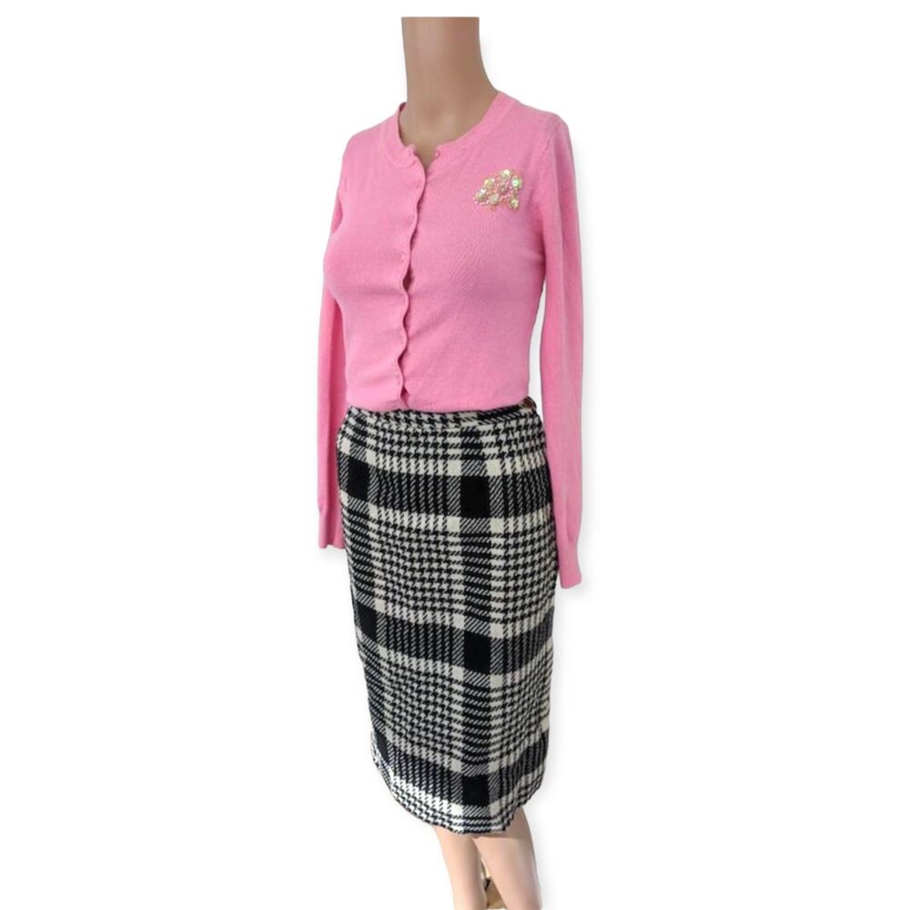 60s Black White Houndstooth Plaid Skirt Vintage Wool Petti 13 27 Waist
